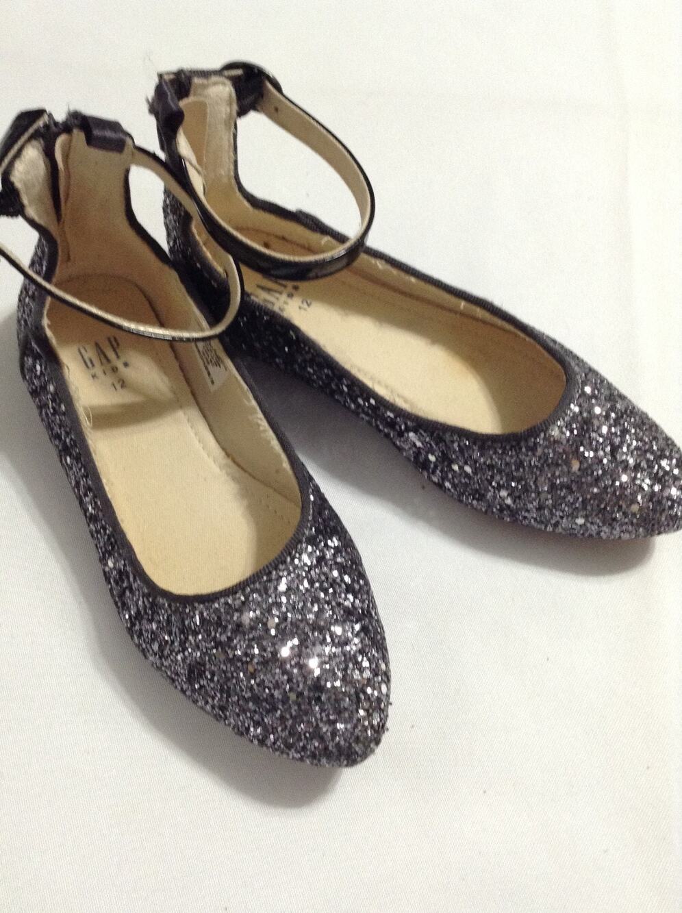 GAP Kids Girls Silver Glitter Ballet Flats Ankle Strap Dress Shoe Zipper Size 12